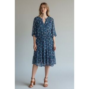 Gerard Darel Paris Blue Floral Chiffon Tiered Midi Dress Boho Size 46 FR 14 US